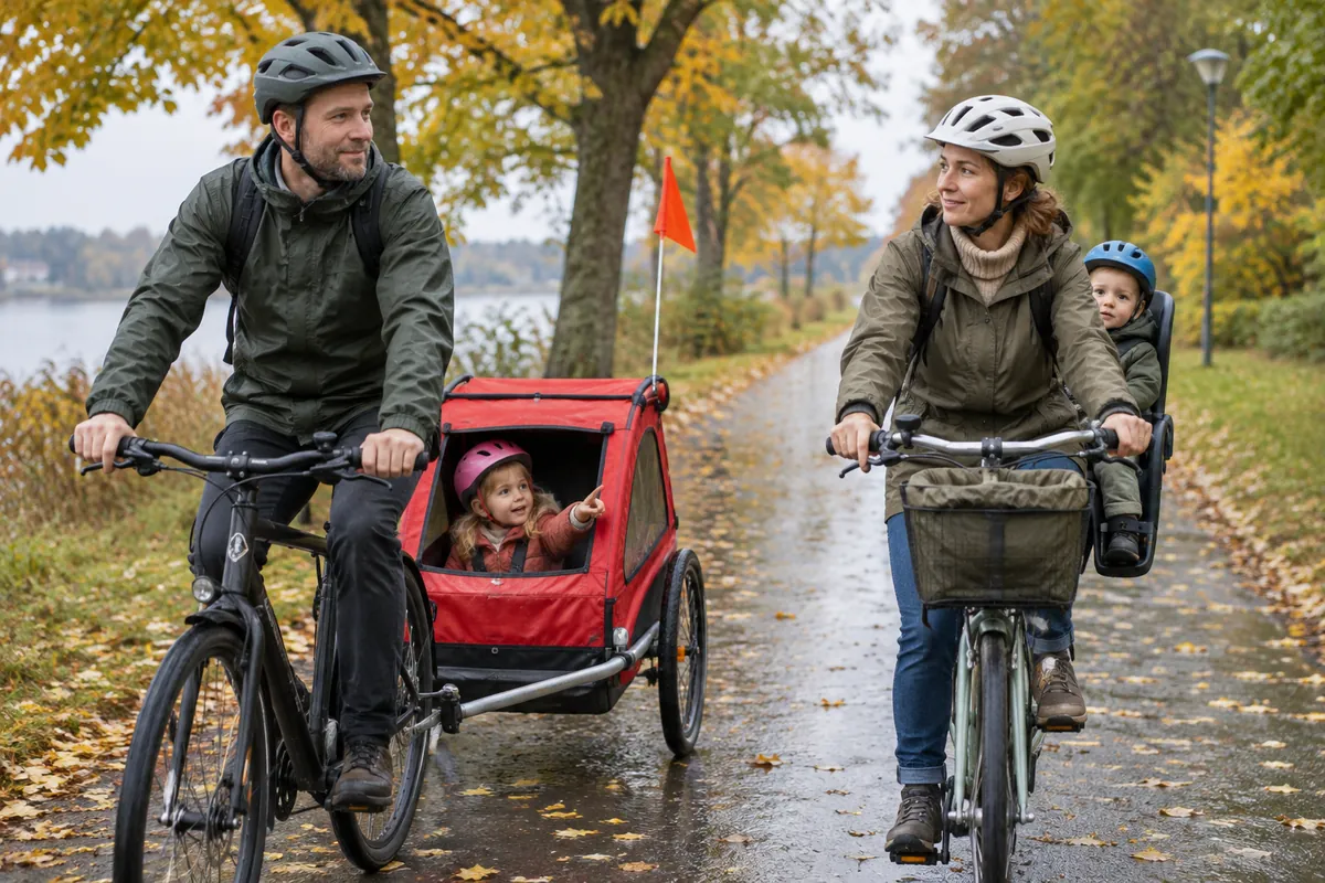 Föräldrar cyklar på en cykelbana med ett barn i cykelkärra och ett barn i cykelsits