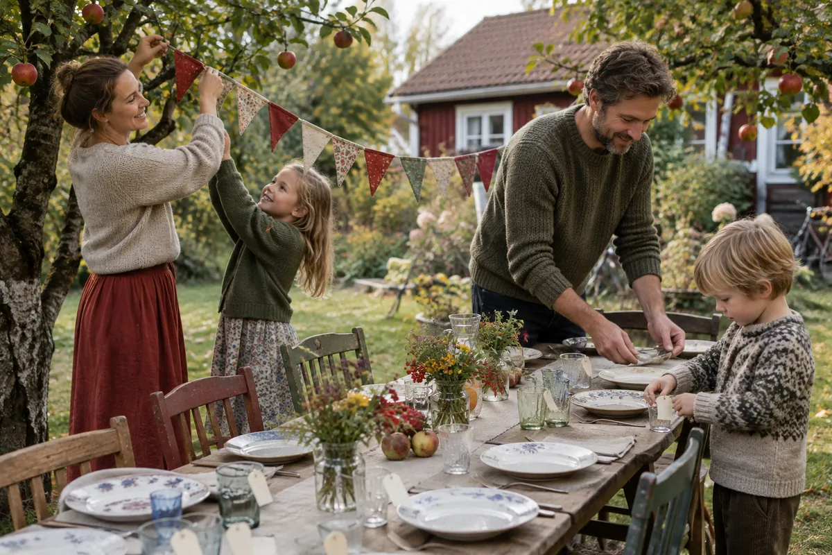 Mamma och dotter hänger upp en vimpelrad i tyg medan pappa dukar kalasbordet med lånat porslin i trädgården