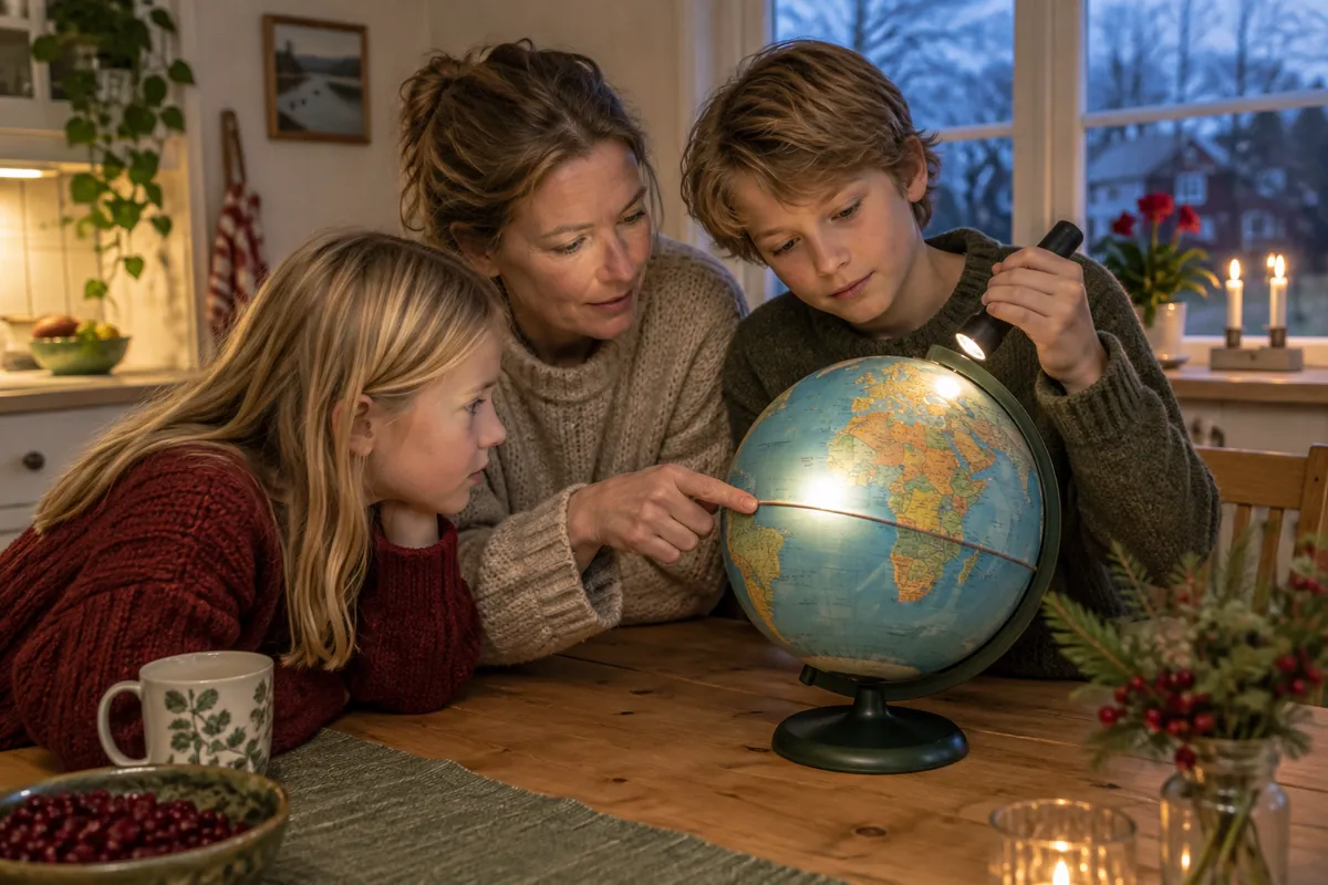 Mamma och två barn lyser med en ficklampa på en jordglob vid köksbordet för att förstå klimatzoner