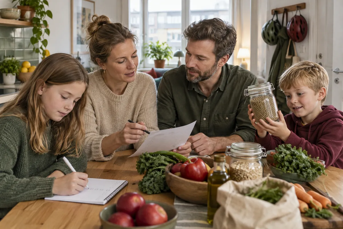 Familj vid köksbordet planerar veckans mat och skriver en checklista tillsammans