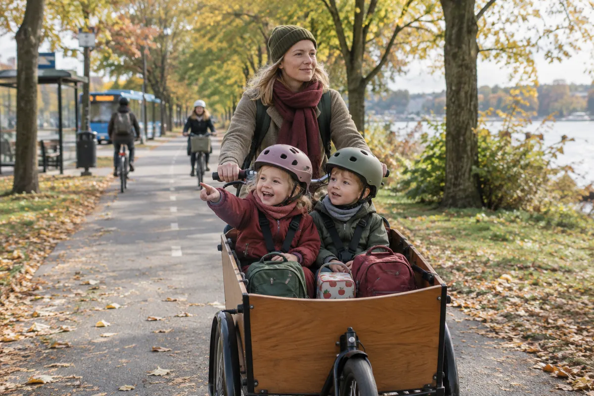 Mamma cyklar till förskolan med två barn med hjälm fastspända i lådan på en tvåhjulig lådcykel
