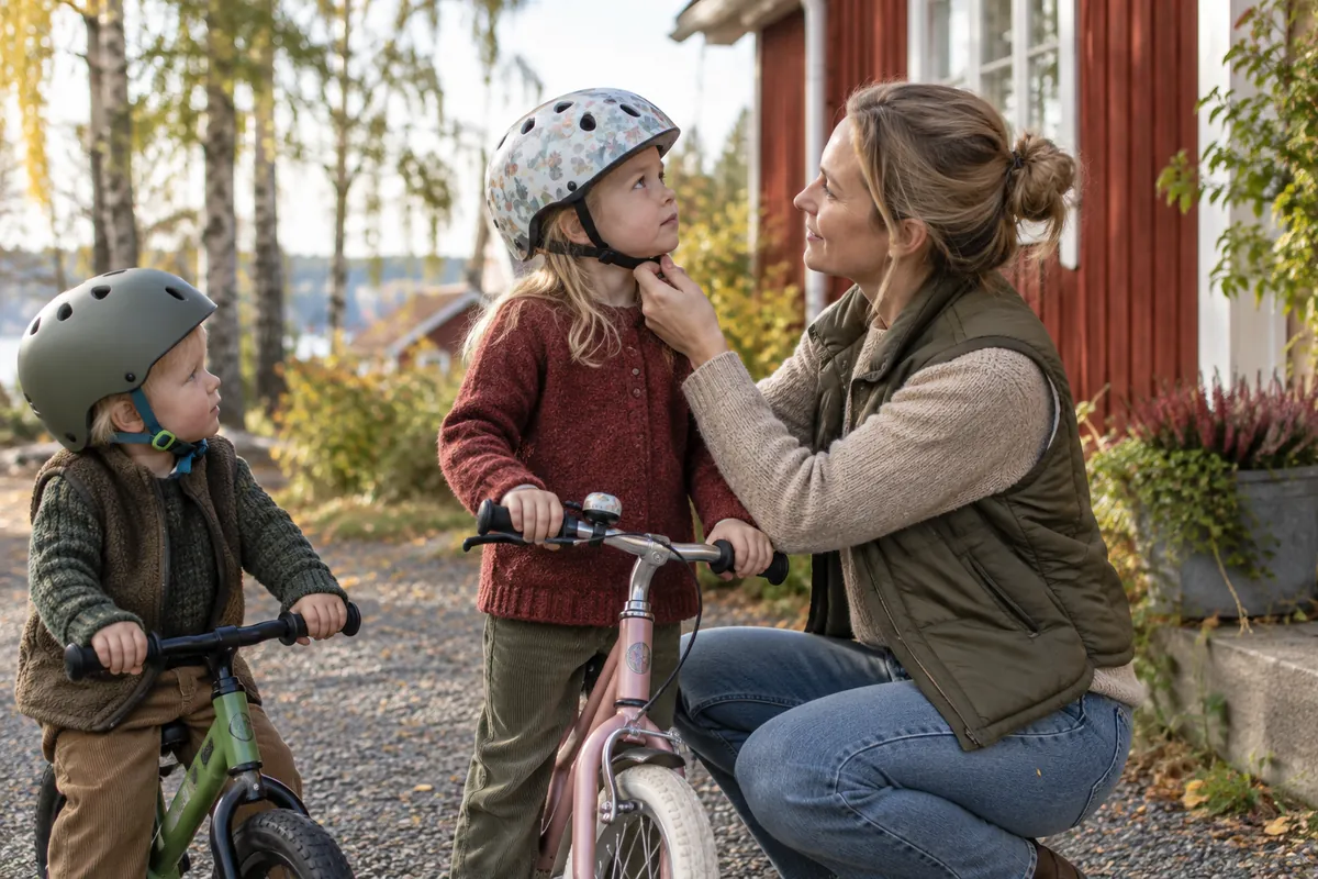 Mamma justerar hakremmen på dotterns cykelhjälm medan lillebror väntar på sin balanscykel
