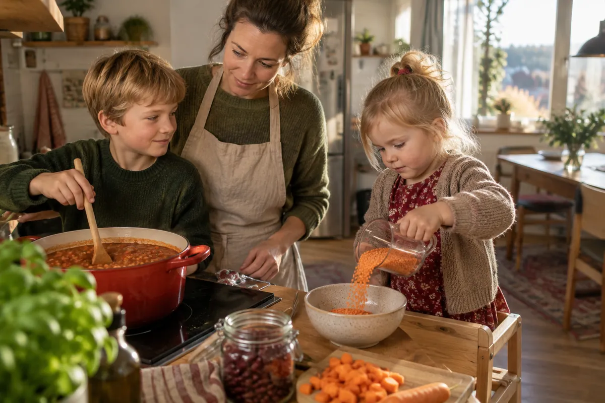 Mamma lagar linssås vid spisen tillsammans med två barn som rör i grytan och häller upp röda linser