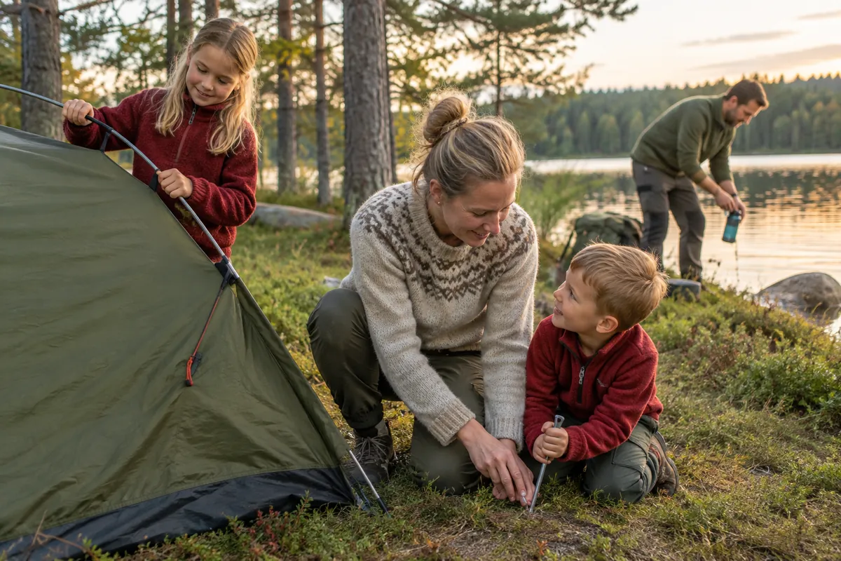 Mamma och barn slår upp ett tält vid en sjö under en semester i Sverige