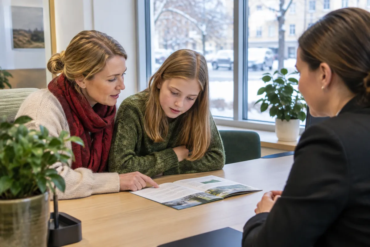 Mamma och dotter läser informationen om en fond tillsammans hos en rådgivare på ett bankkontor
