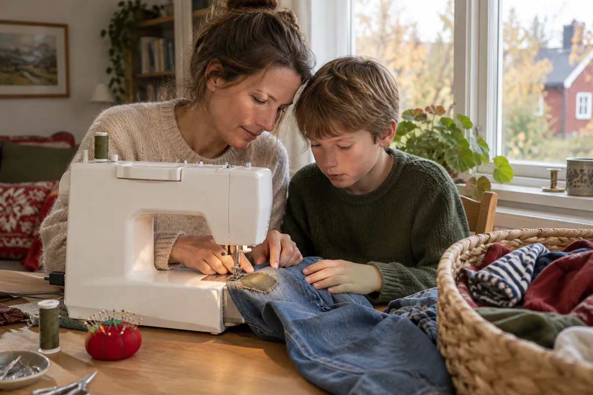 Mamma och son lappar ett hål i knät på ett par barnjeans vid symaskinen hemma