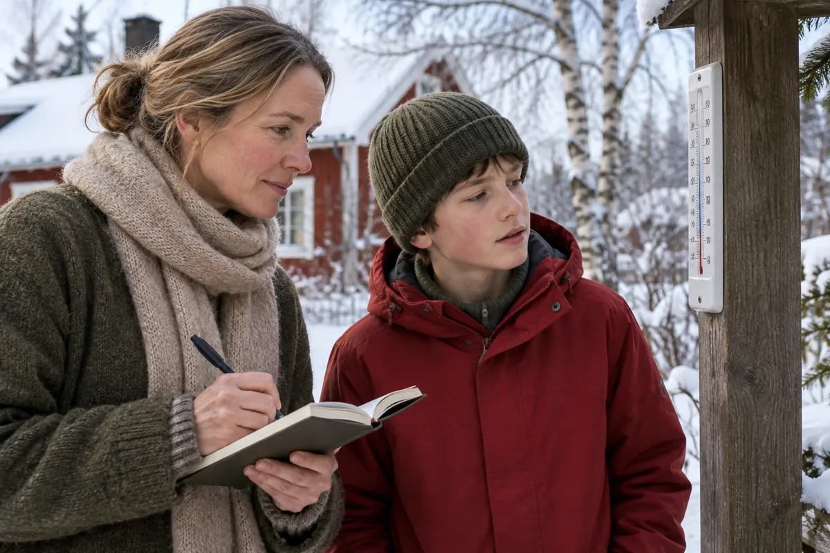 Mamma och son läser av en termometer på en stolpe i trädgården en kall vintermorgon