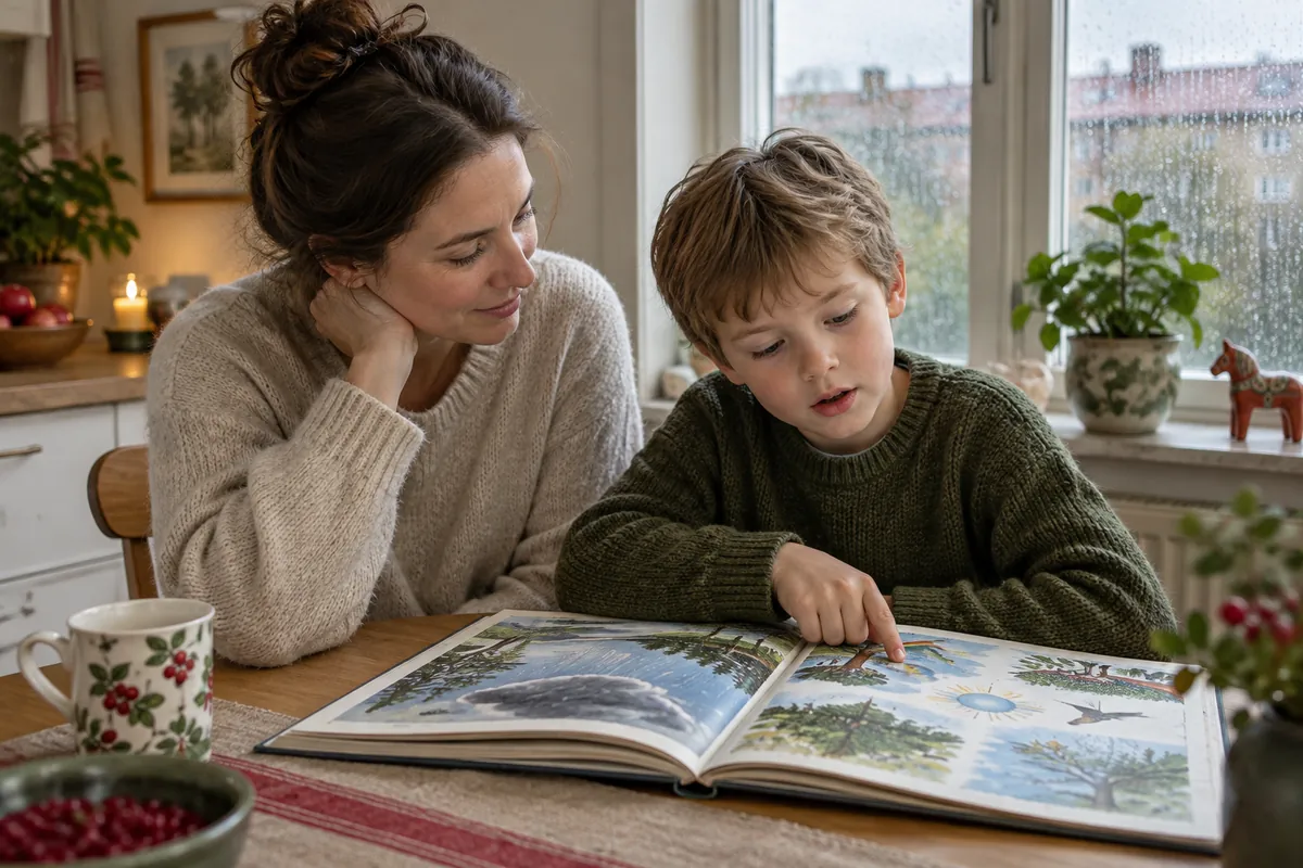 Mamma och son läser en bok om natur och väder vid köksbordet en regnig eftermiddag
