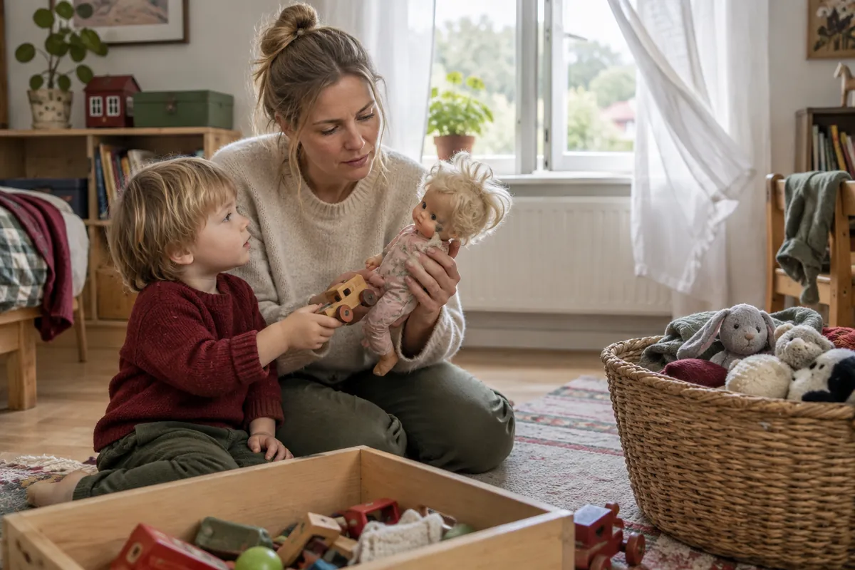 Mamma och liten son går igenom en låda med gamla leksaker på golvet i barnrummet
