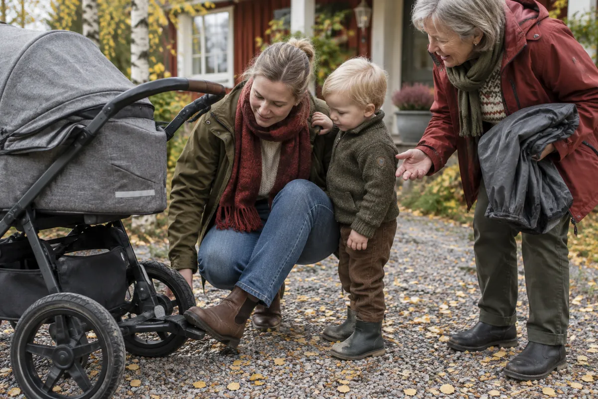 Mamma testar parkeringsbromsen på en begagnad sittvagn medan hennes ettåriga son tittar på