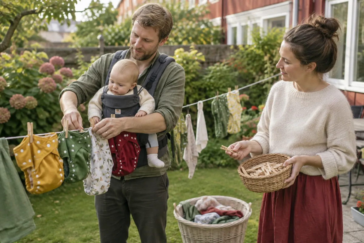 Pappa med bebis i bärsele hänger tvättade tygblöjor på tvättlinan i trädgården medan mamma räcker fram klädnypor