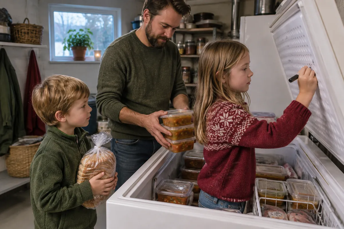 Pappa och två barn märker matlådor med datum och lägger in hemlagad soppa och skivat bröd i frysen