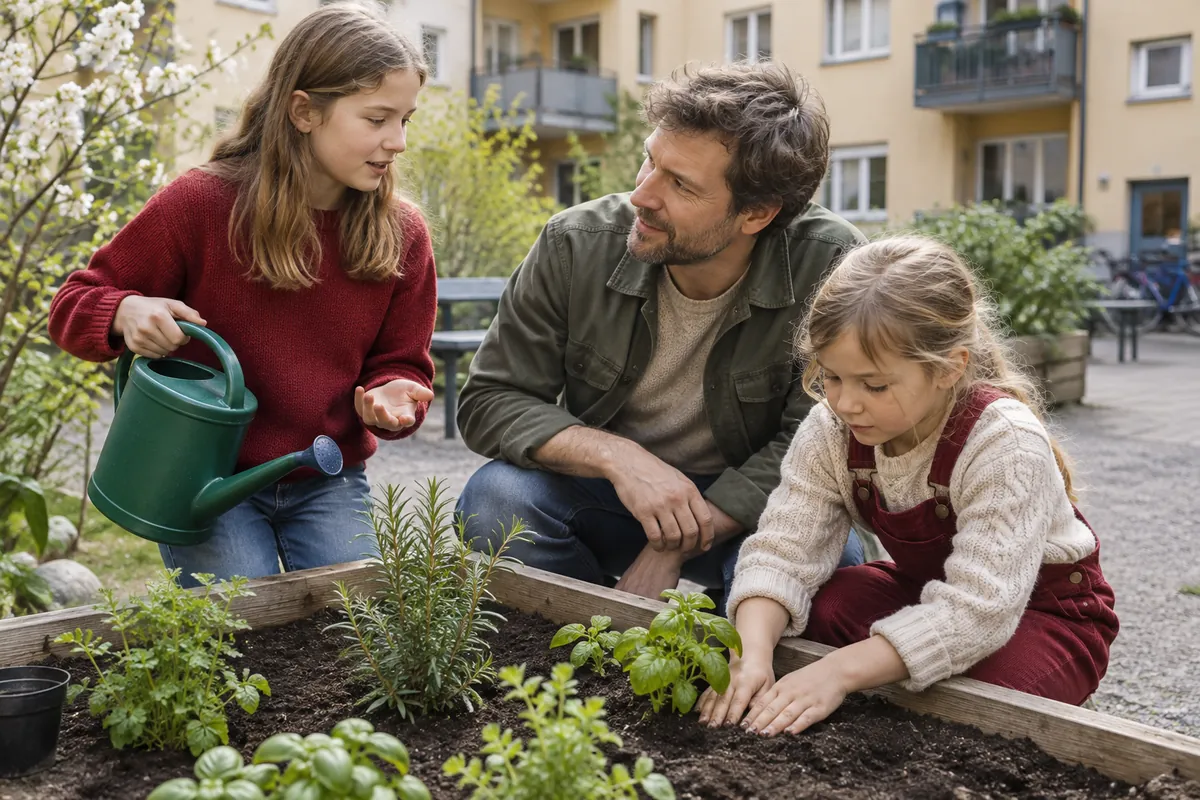 Pappa och två barn planterar kryddor i en odlingslåda på gården till ett flerfamiljshus