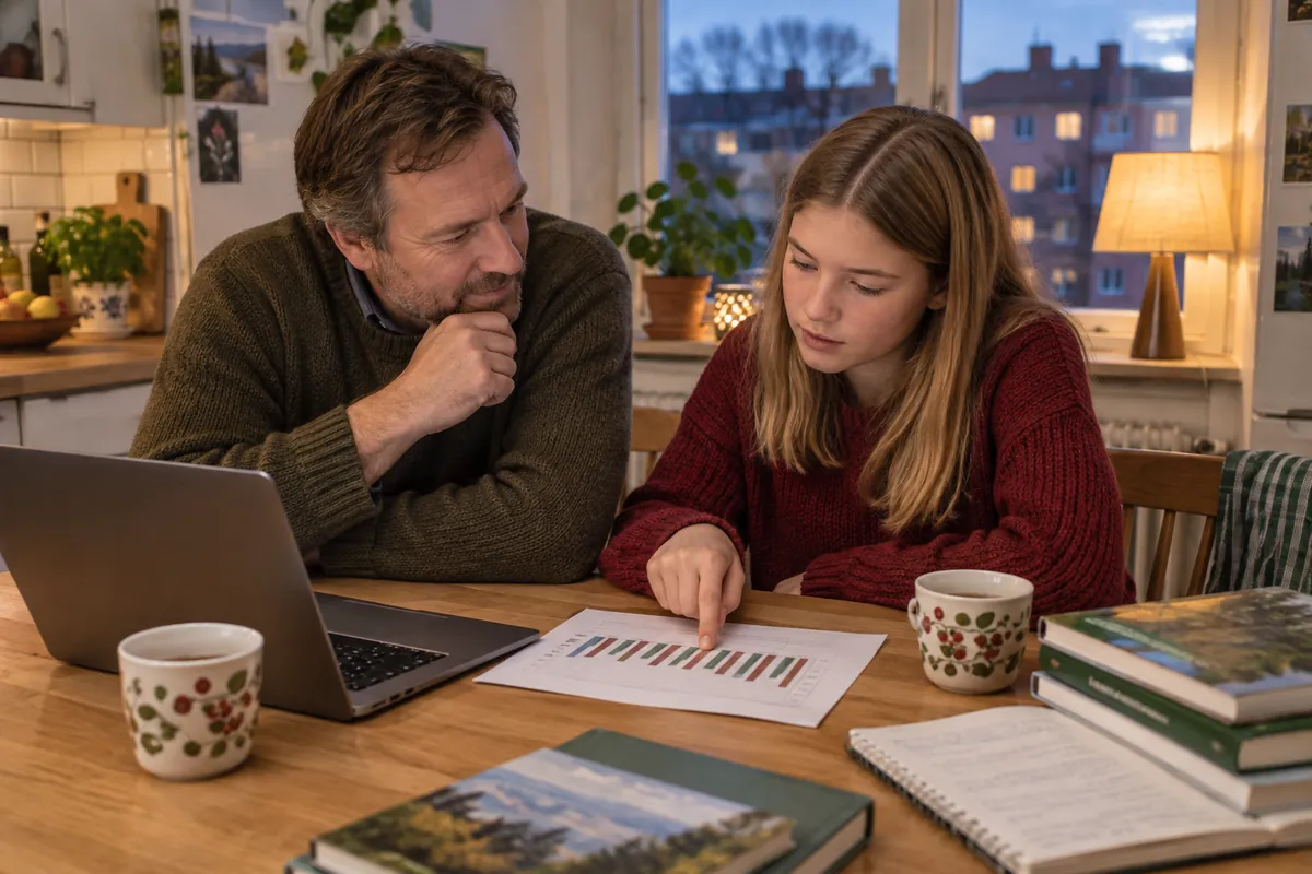 Pappa och tonårsdotter går igenom Sveriges klimatmål tillsammans vid köksbordet