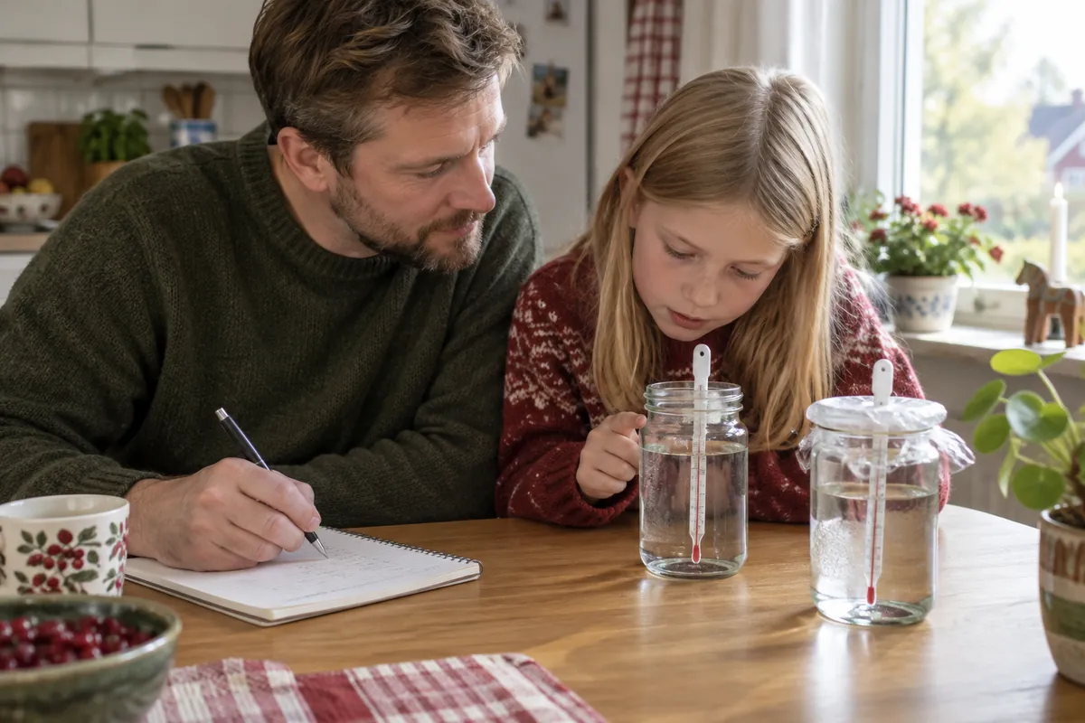 Pappa och dotter läser av termometrar i två glasburkar vid ett soligt köksfönster