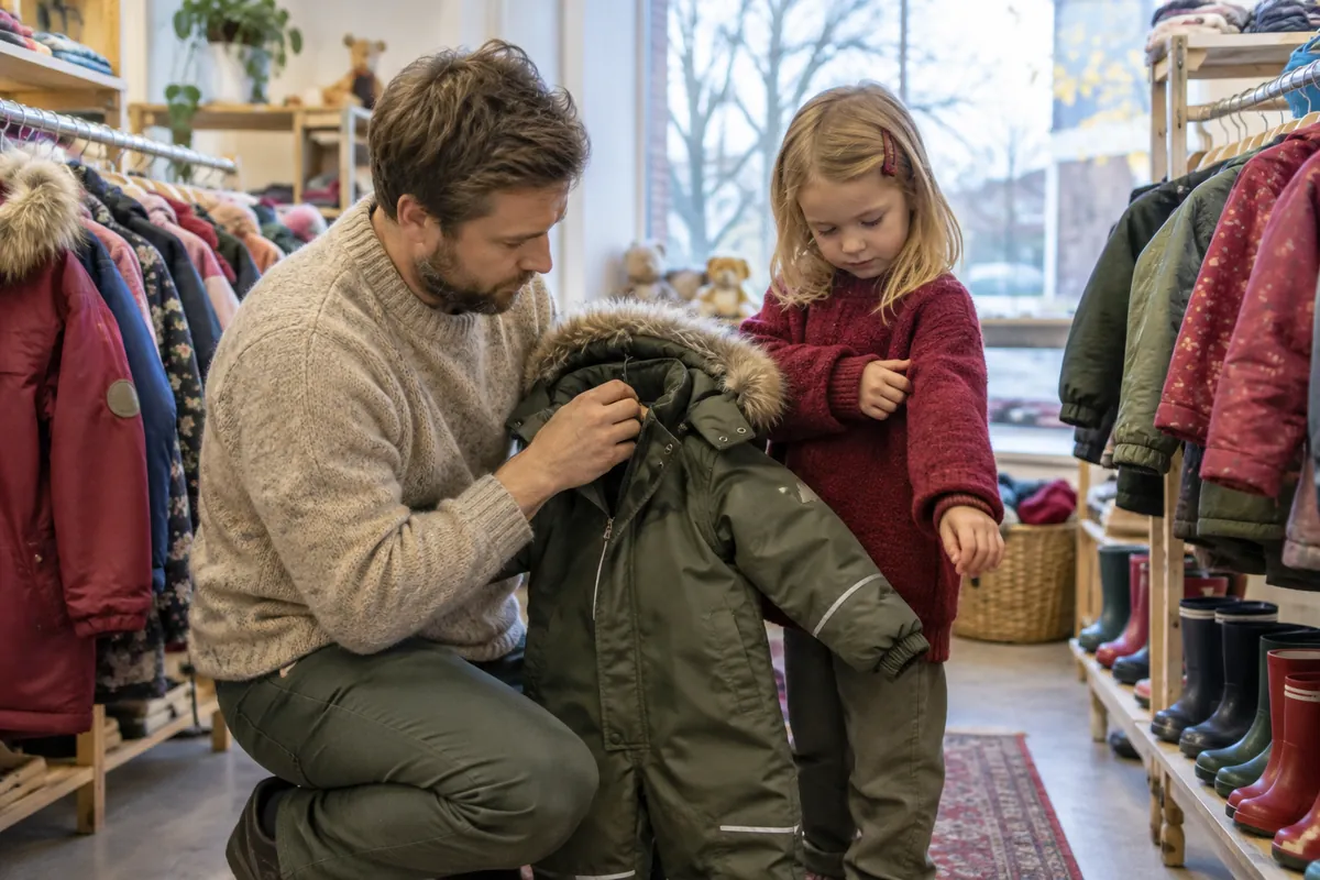 Pappa och dotter kontrollerar dragkedja och huva på en begagnad vinteroverall i en second hand-butik för barnkläder