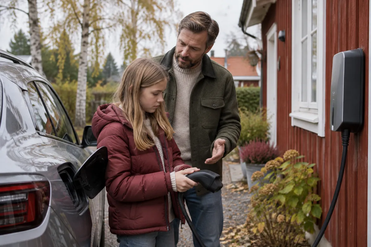 Pappa och dotter kopplar in familjens elbil vid en laddbox utanför ett rött trähus