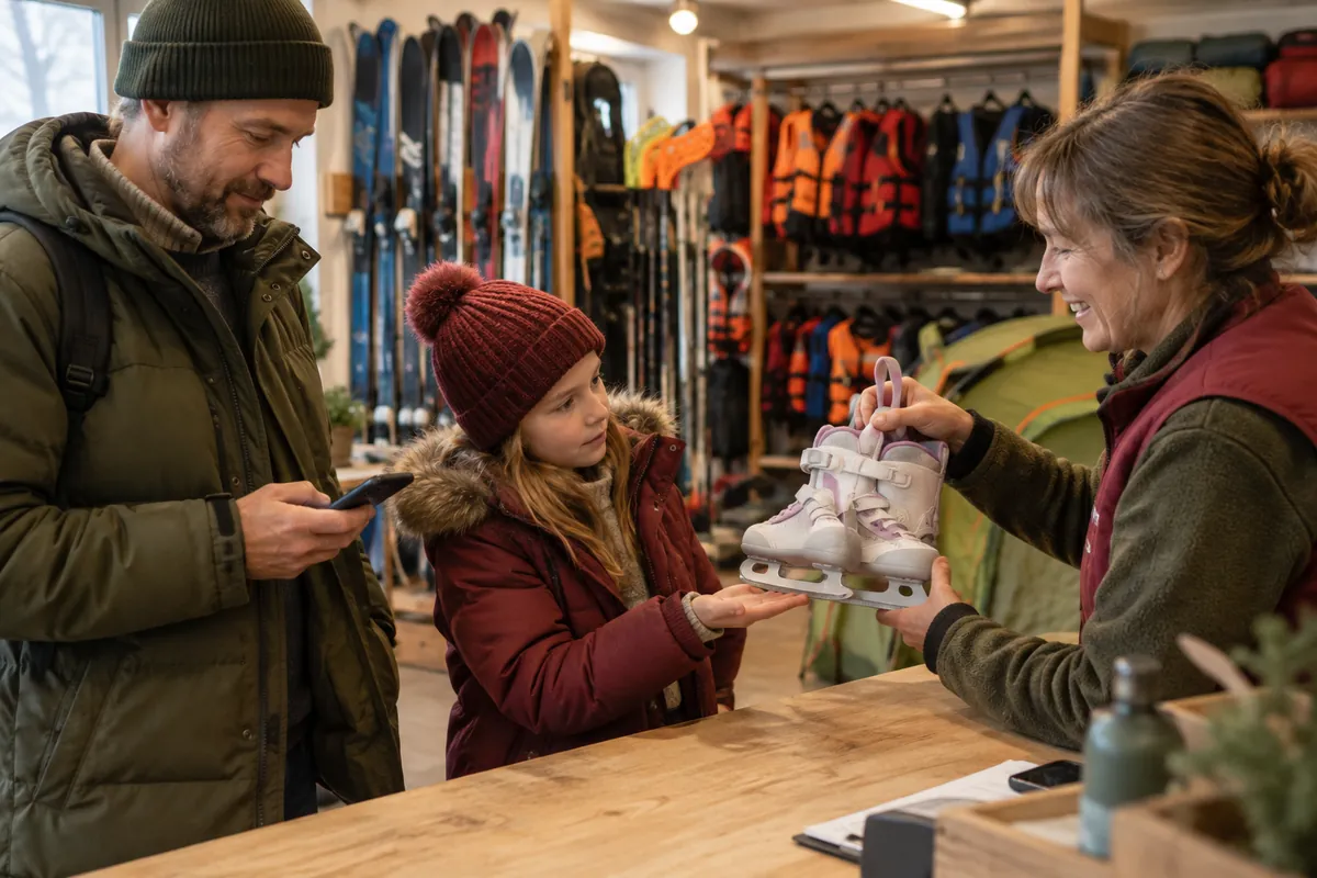 Pappa och dotter lånar skridskor på en fritidsbank med skidor och flytvästar på hyllorna bakom