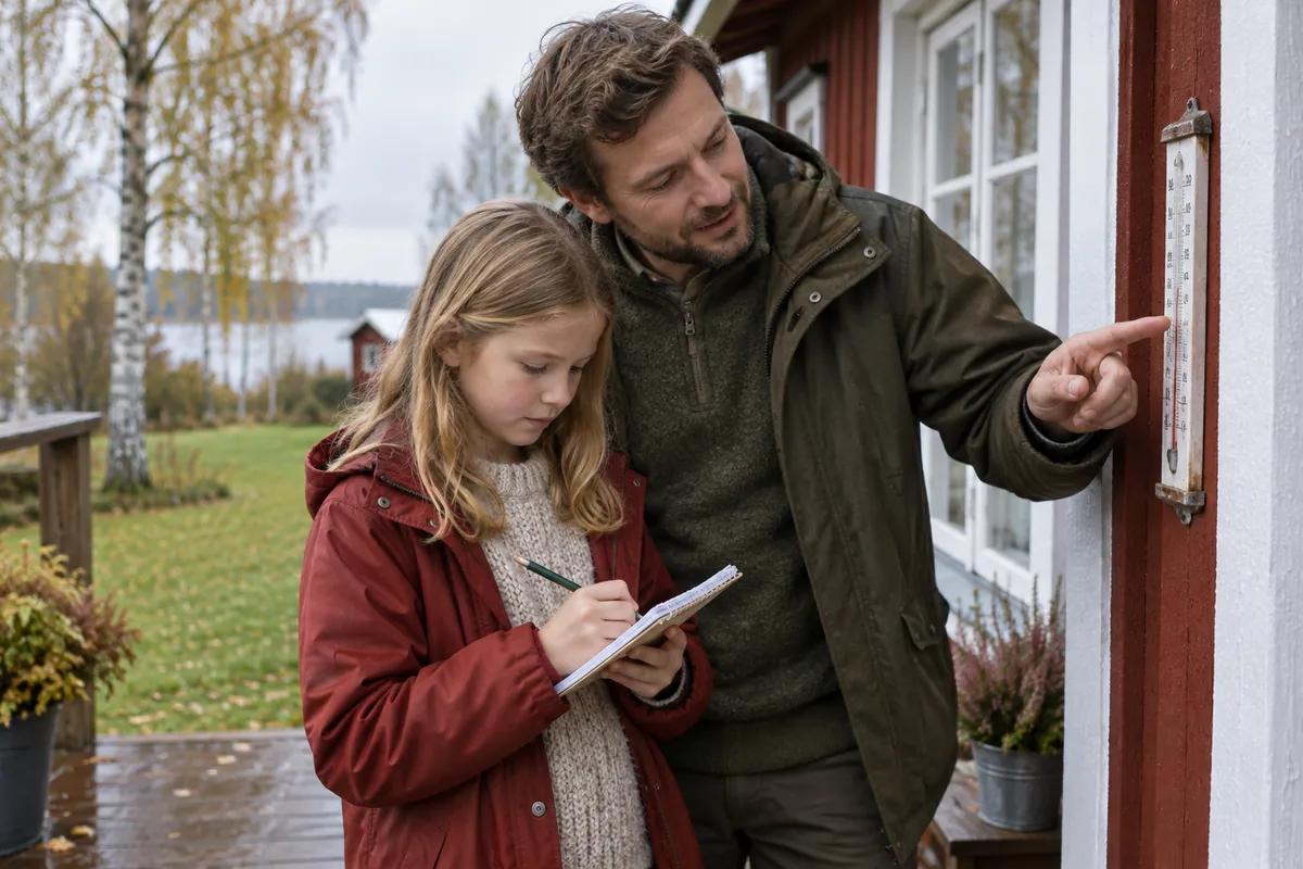 Pappa och dotter läser av en utetermometer och skriver ner temperaturen i en anteckningsbok
