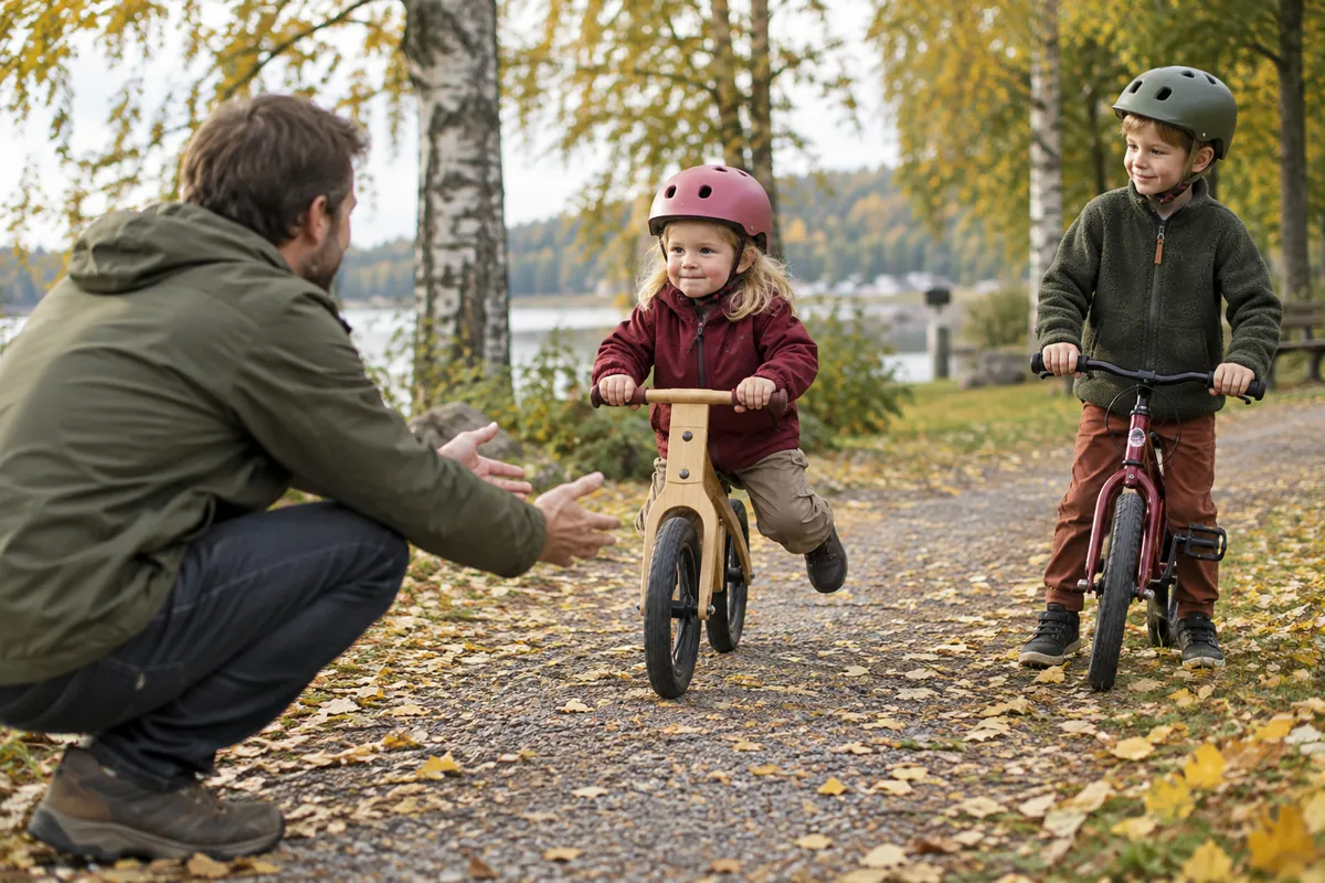 Pappa tar emot sin dotter som glider fram på en balanscykel med hjälm på en grusväg i parken medan storebror tittar på