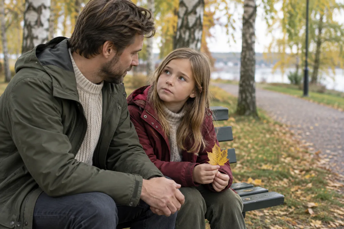 Pappa och dotter sitter på en parkbänk på hösten och pratar lugnt om klimatet medan dottern håller ett gult löv