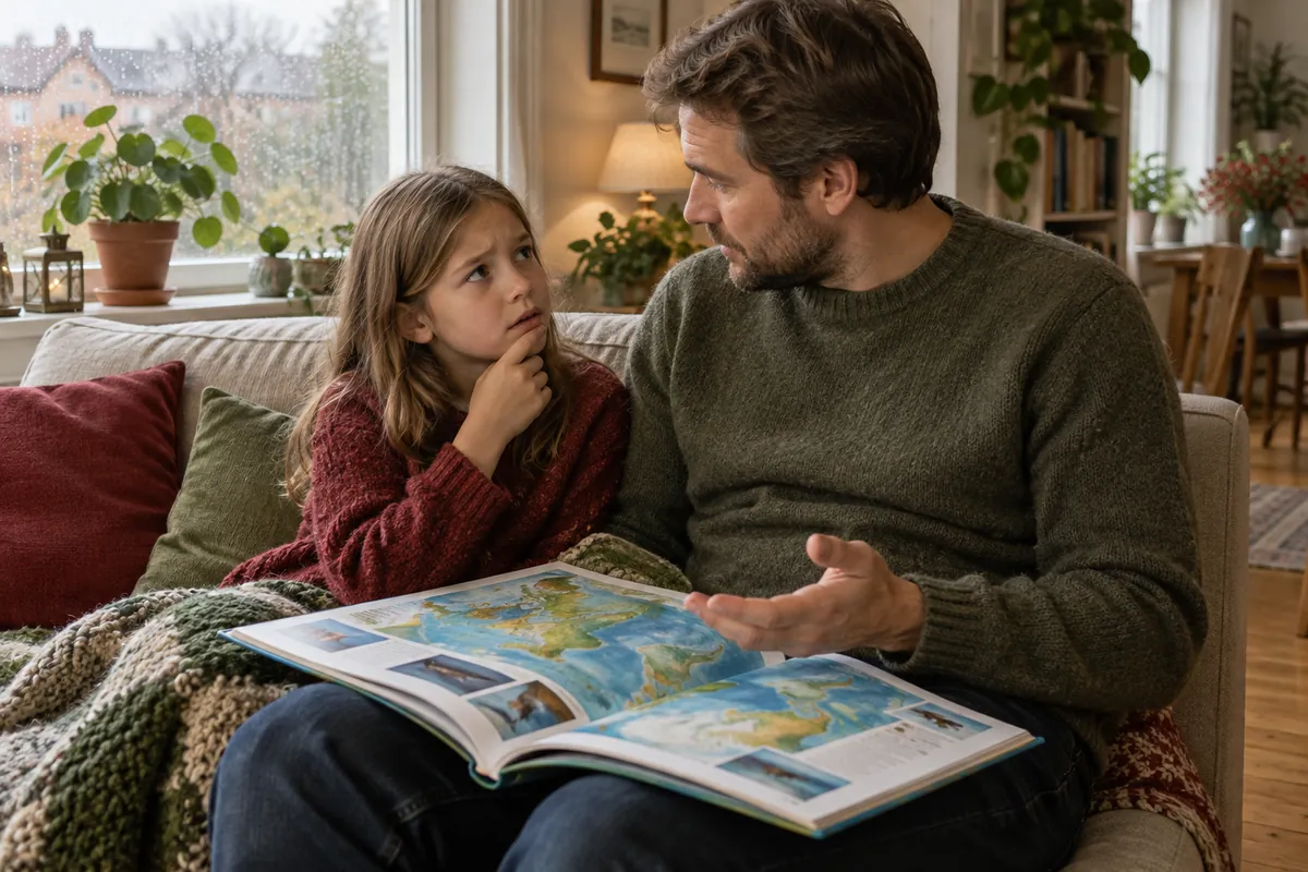 Pappa och dotter sitter i soffan med en atlas och pratar om klimatförändringar