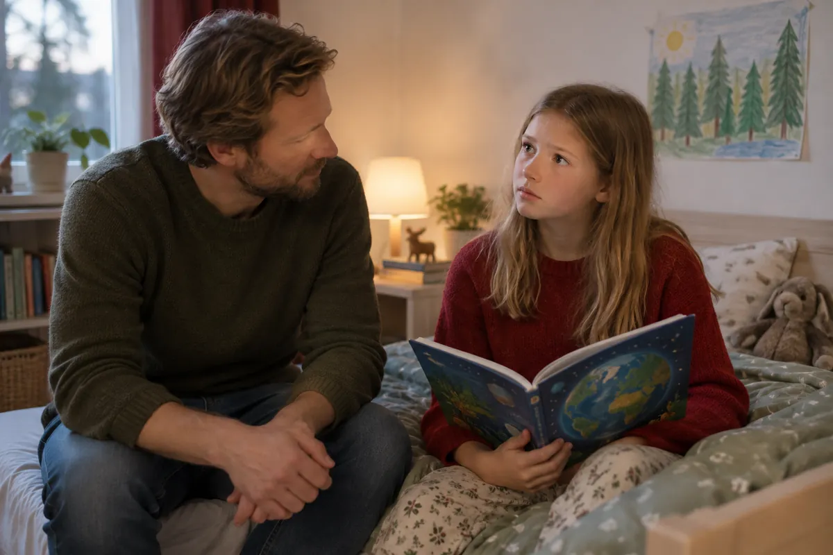 Pappa sitter på dotterns säng på kvällen och lyssnar när hon berättar om sin oro för klimatet