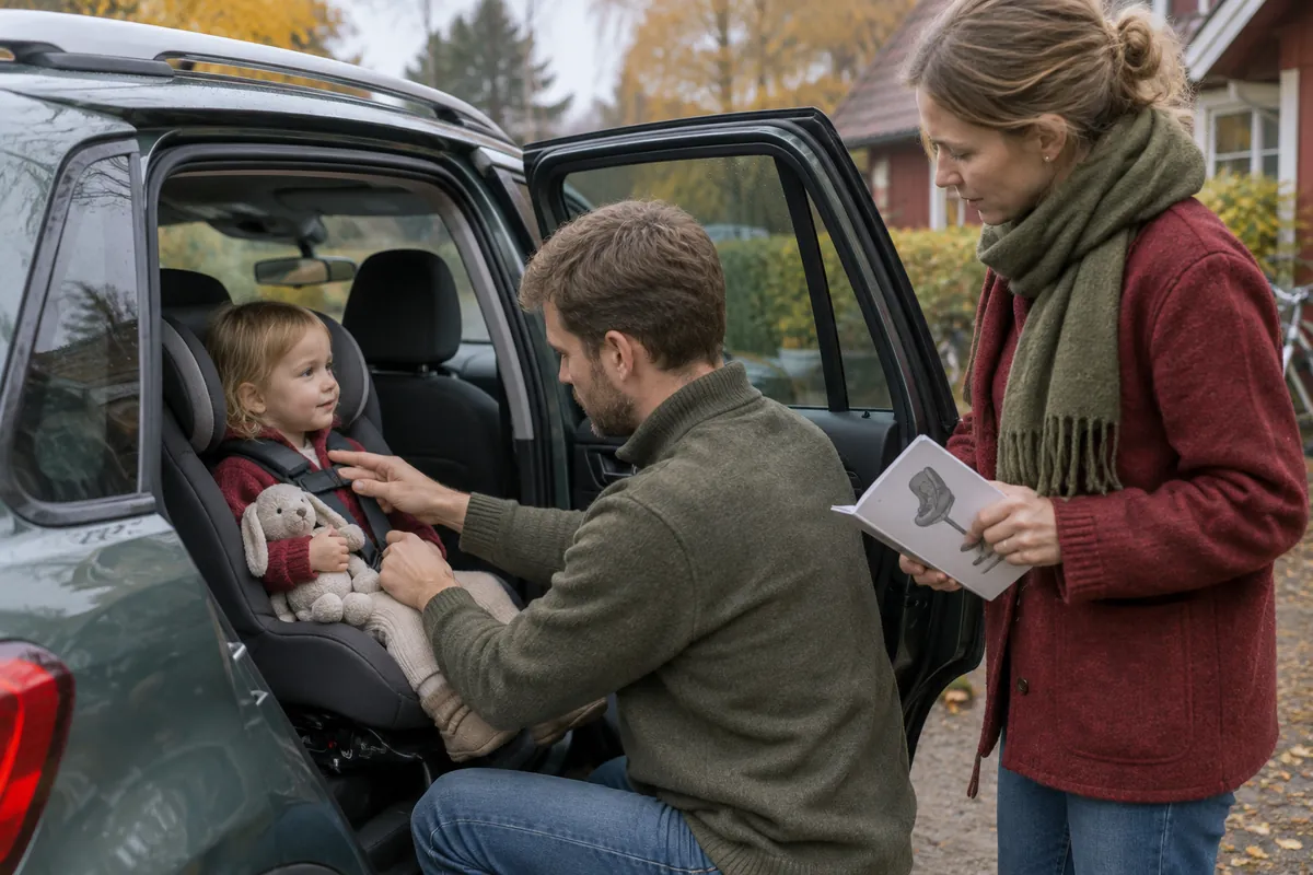 Pappa spänner fast sin tvååriga dotter i en bakåtvänd bilbarnstol och kontrollerar selen med två fingrar